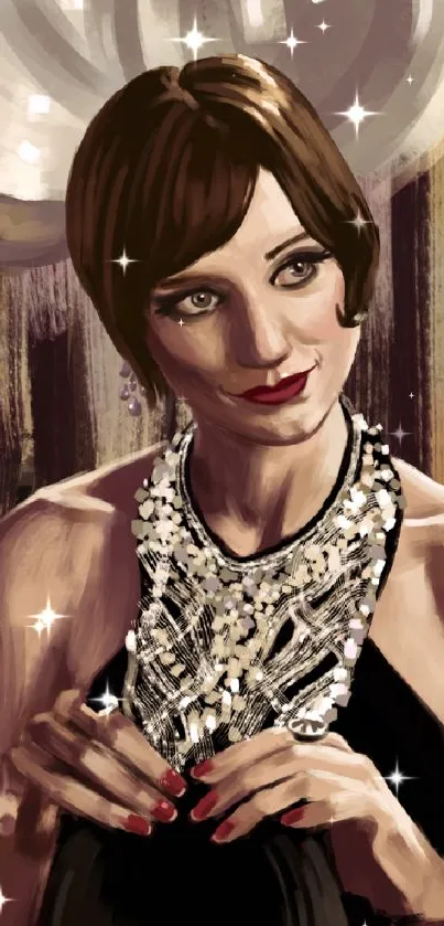 Art Deco style woman portrait with elegant details and soft colors.