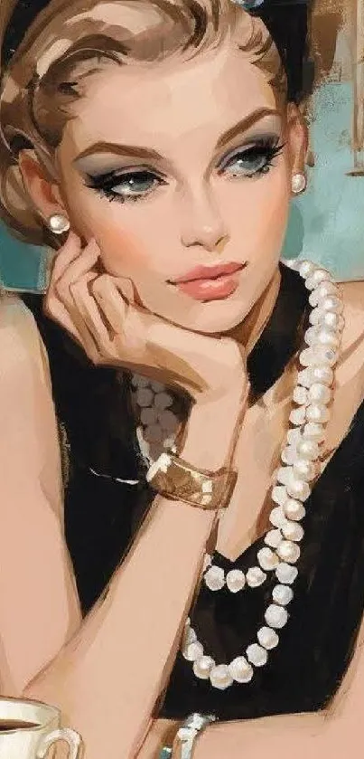 Art Deco style woman portrait with pearls and a coffee cup.