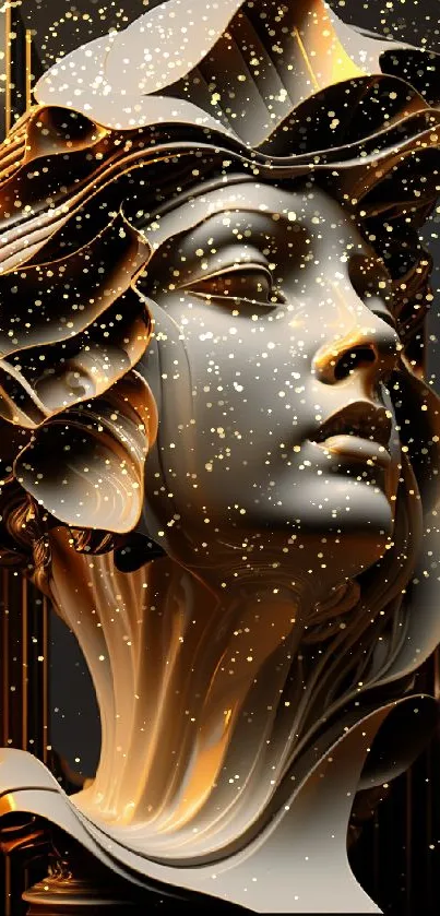 Art Deco sculpture with golden tones on a sleek black background.