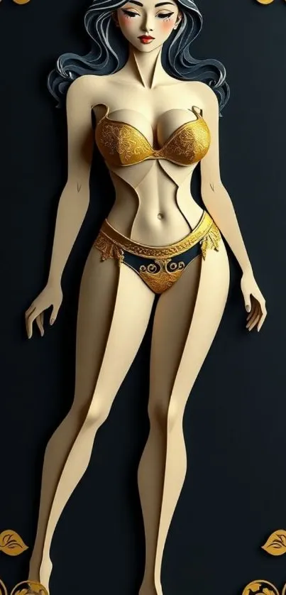 Elegant art deco wallpaper with golden accents and stylized figure.