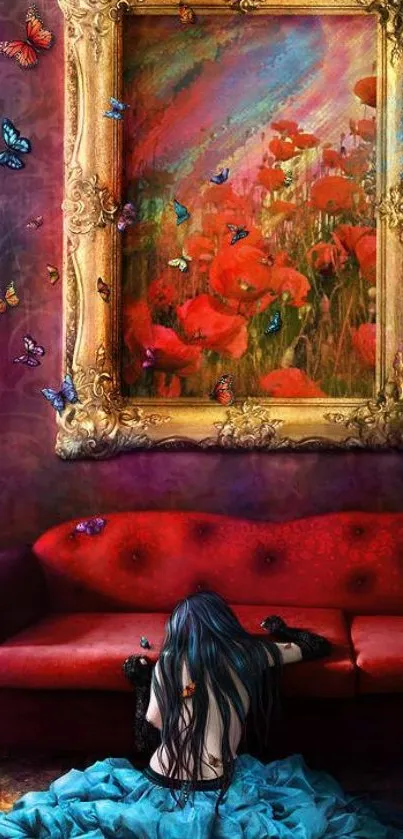 Colorful Art Deco painting with red tones and elegant surroundings.