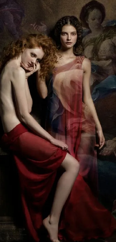 Art-inspired mobile wallpaper with two women in red gowns, evoking elegance.