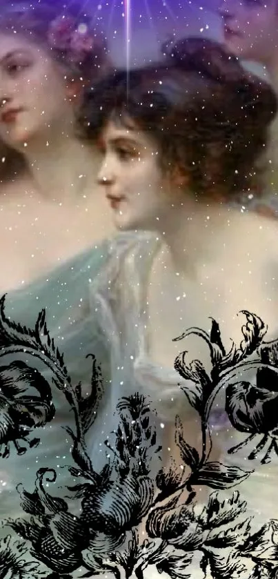 Art Nouveau wallpaper with ethereal figures, floral designs, and a starry background.