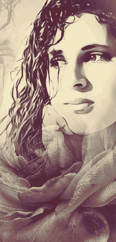 Elegant portrait wallpaper with soft beige hues and artistic style.