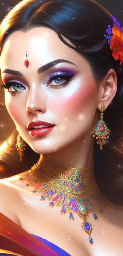 Elegant woman with jewelry in vibrant digital art portrait.