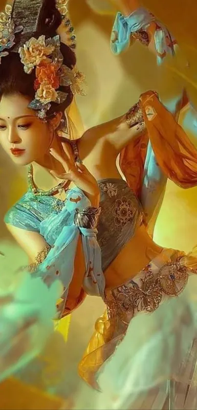 Elegant traditional dance wallpaper with a golden theme.