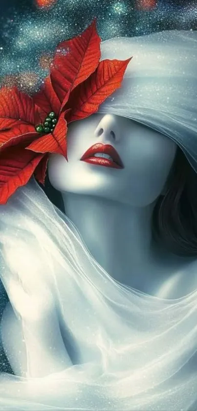 Fantasy portrait with red flower and ethereal veiling.
