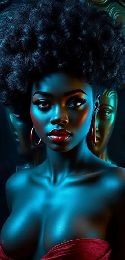 A vibrant artistic female portrait with teal and red hues.