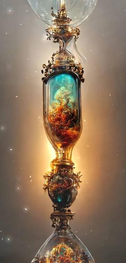 Artistic hourglass with vibrant colors, glowing illumination.