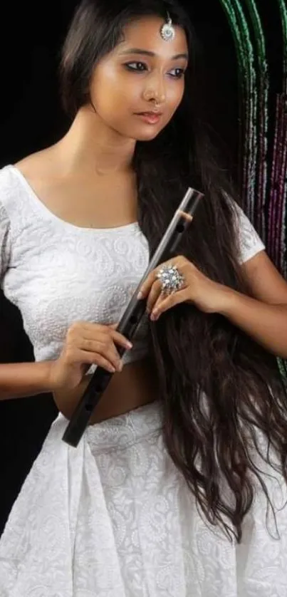 Elegant woman in white traditional attire with flute on a black background.