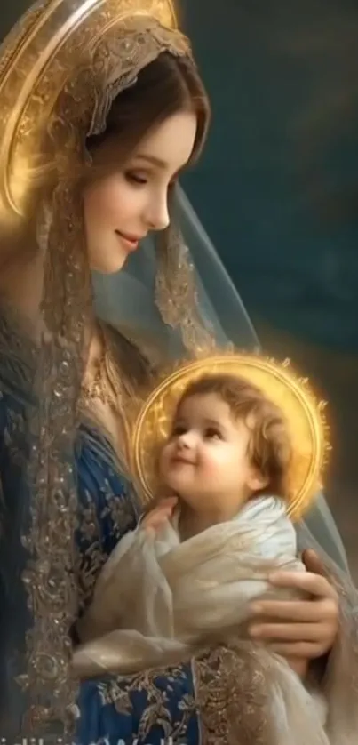 Mother and child with golden halo, serene wallpaper.