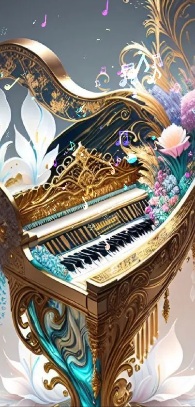 Artistic golden piano with floral design on mobile wallpaper.