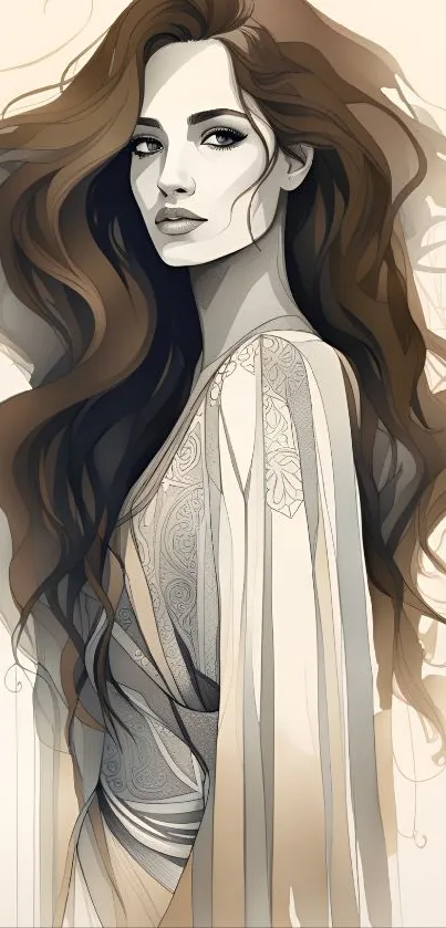 Artistic sketch of a woman with flowing hair.