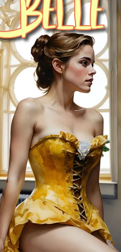 Elegant artwork wallpaper with woman in yellow dress.