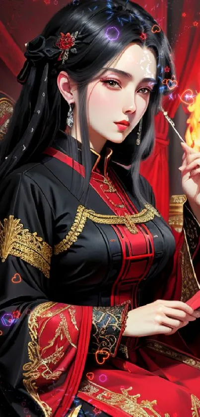 Elegant Asian woman in traditional attire, deep reds dominate the artwork.