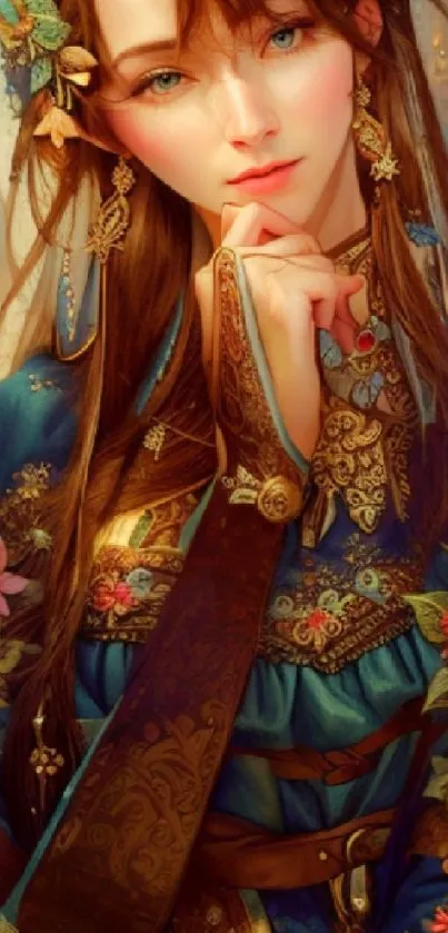 Asian-inspired artwork of woman in traditional attire with vibrant colors.