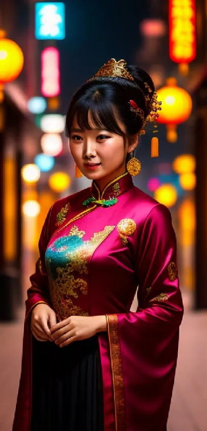 Woman in traditional attire with city lights background.