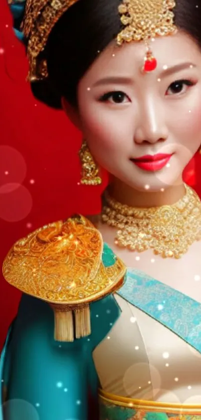 Elegant Asian woman in traditional attire with gold and turquoise accents on red background.