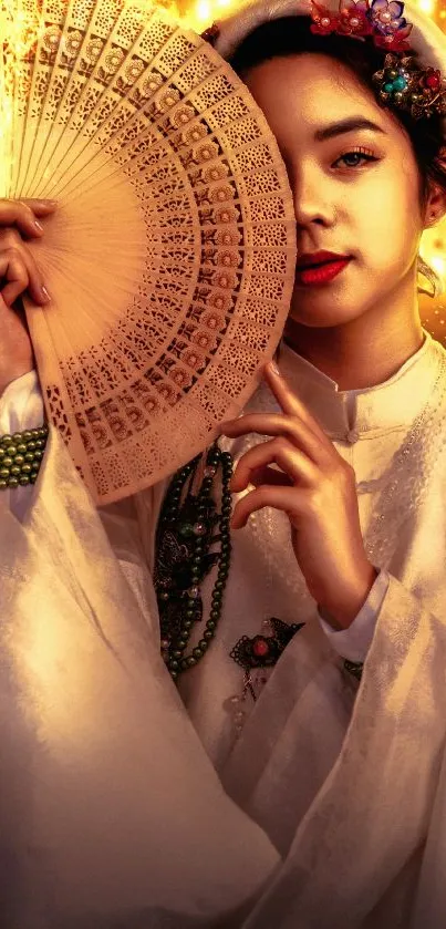 Woman in traditional Asian attire with a decorative fan.