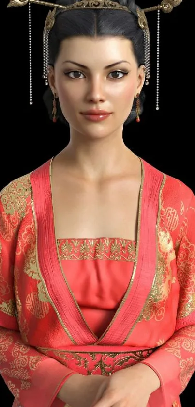 Asian woman in traditional red attire with ornate headpiece on black background.