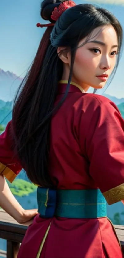 Asian woman in red attire with mountain backdrop wallpaper.