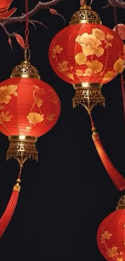 Elegant red lanterns with floral patterns hanging elegantly.