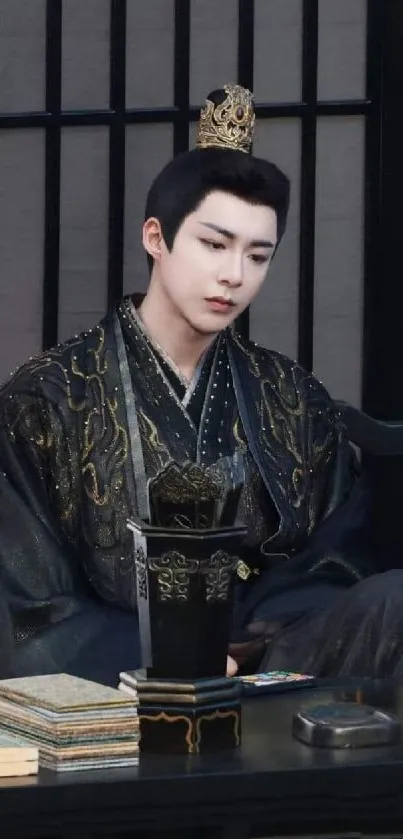 Elegant Asian royal figure dressed in traditional attire sitting gracefully.