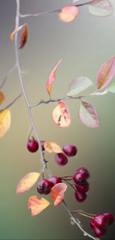 Delicate branch with autumn leaves and berries on a gradient background.