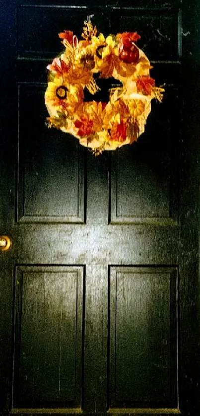 Black door with autumn wreath mobile wallpaper.