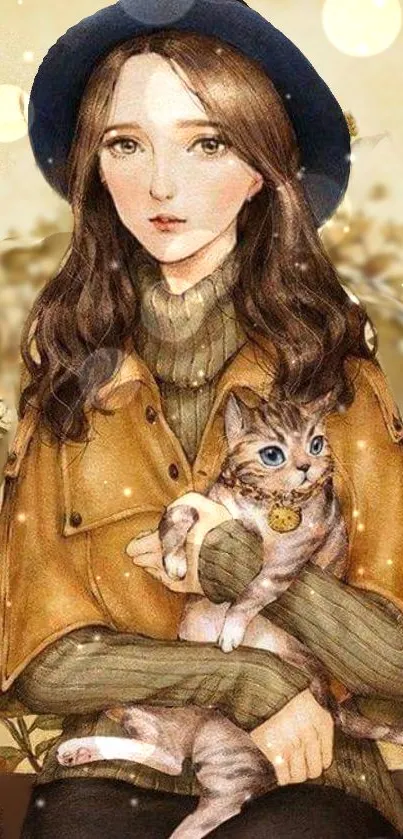 Autumn-themed artwork of a girl holding a cat in cozy attire.