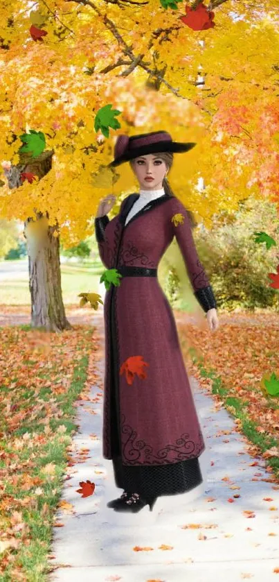 Victorian lady in autumn landscape with colorful leaves.