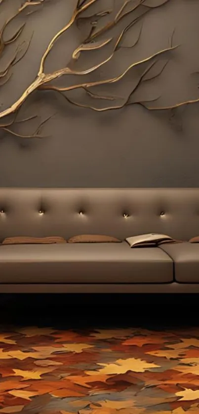Elegant sofa with artistic branches and autumn leaves flooring.