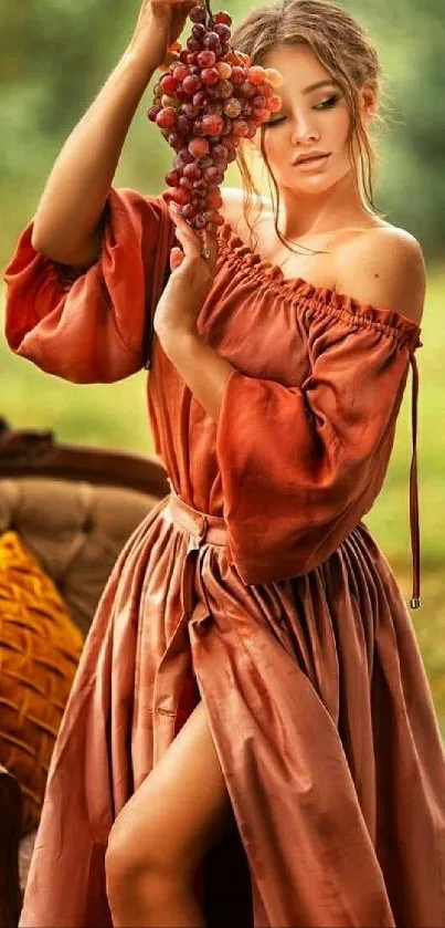 Woman in autumn dress with grapes on chair.