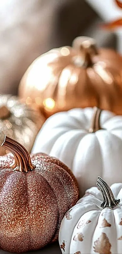 Close-up of glittery pumpkins in autumn colors.