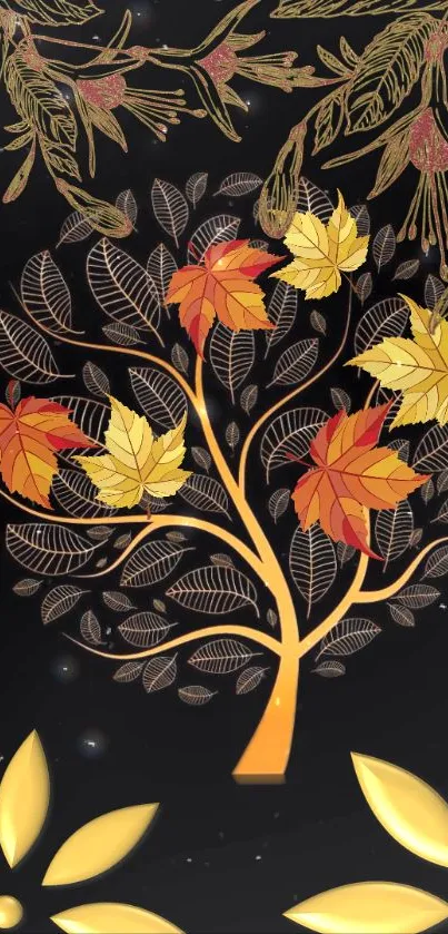 Elegant autumn tree with gold leaves on dark wallpaper.