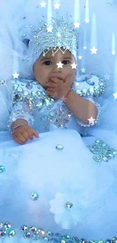 Cute baby in a sparkling white dress with crystals.