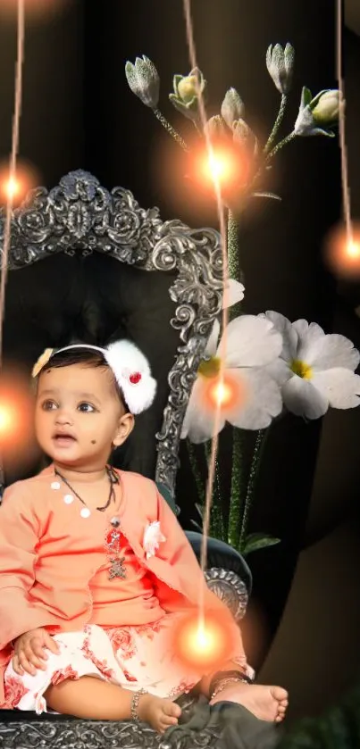 Baby on throne with glowing lights and flowers.