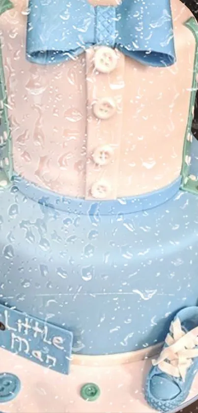 Baby shower cake with pastel blue decoration and rain effect.