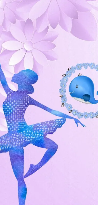 Ballerina dances with a blue whale on a lavender floral background.