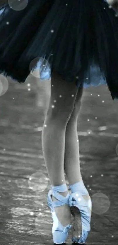 Elegant ballerina with navy tutu in soft light on a dance floor.