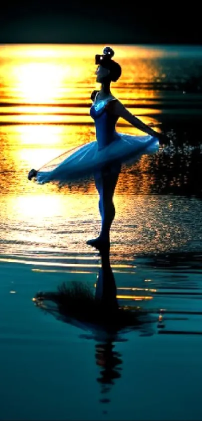 Ballerina dances elegantly on a serene lake at sunset, reflecting vibrant colors.