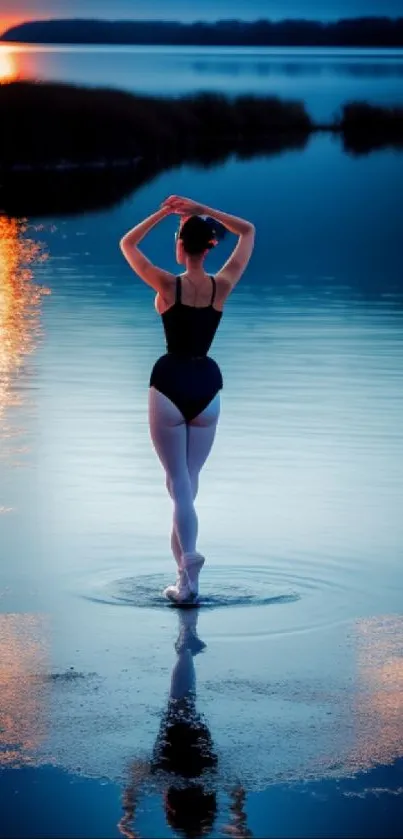 Ballerina posing at sunset by a reflective lake.