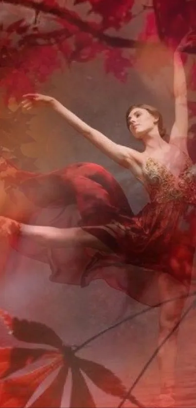 Ballerina in red dress dancing amid autumn leaves.