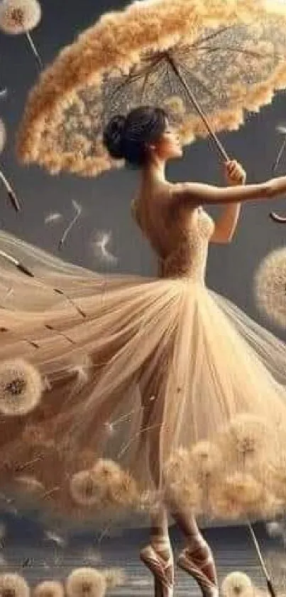 A ballerina surrounded by dandelions with an artistic, elegant design.