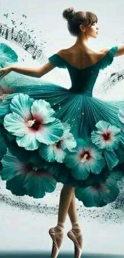 Elegant ballerina in teal floral dress with music notes.