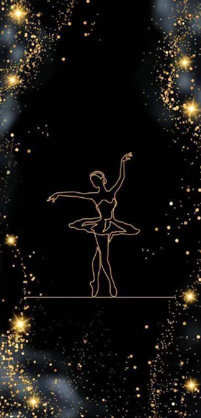 Ballerina silhouette with golden glitter on a black background.