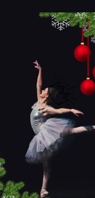 Ballet dancer with Christmas ornaments and pine branches on a dark backdrop.