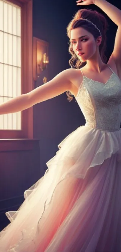 Ballerina in elegant gown dances gracefully in evening light.