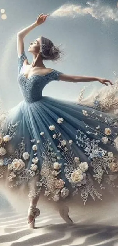 Elegant ballerina in a blue floral dress dancing gracefully.