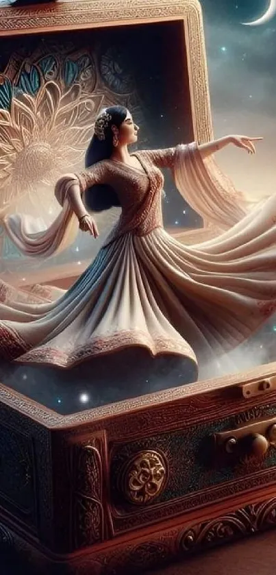 Elegant ballerina dancing in moonlit scene atop an ornate music box.